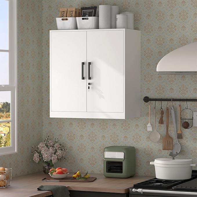 Wall Cabinet,Lockable Storage Cabinets with Adjustable Shelf,Locking Wall Storage Cabinet with Doors for Laundry Room,Home Office,White-Ruum Studio Home