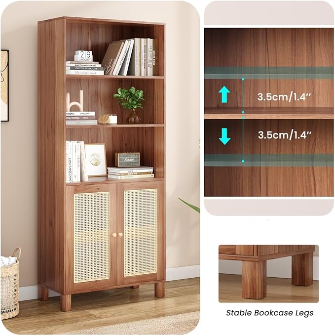 Tall Bookshelf, 5-Tier Book Shelf with 2 Rattan Doors, Freestanding Bookcase Display Shelves with Large Storage, Book Case for Living Room, Office, Study, Bedroom, 70.9 Inch-Ruum Studio Home