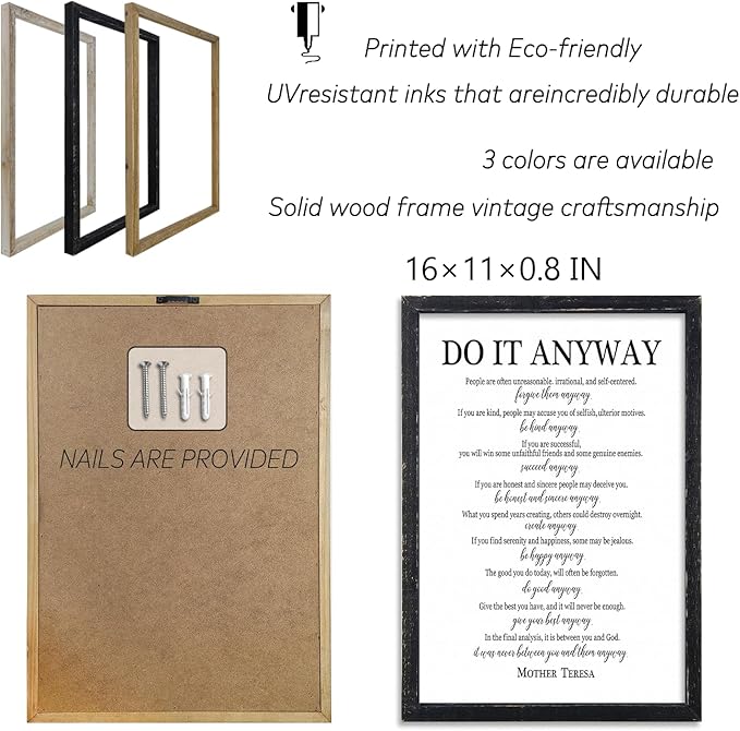 Do It Anyway Mother Teresa Wall Art Decor 16x11 Inch Wooden Framed Wall Hanging Sign (Black)-Ruum Studio Home