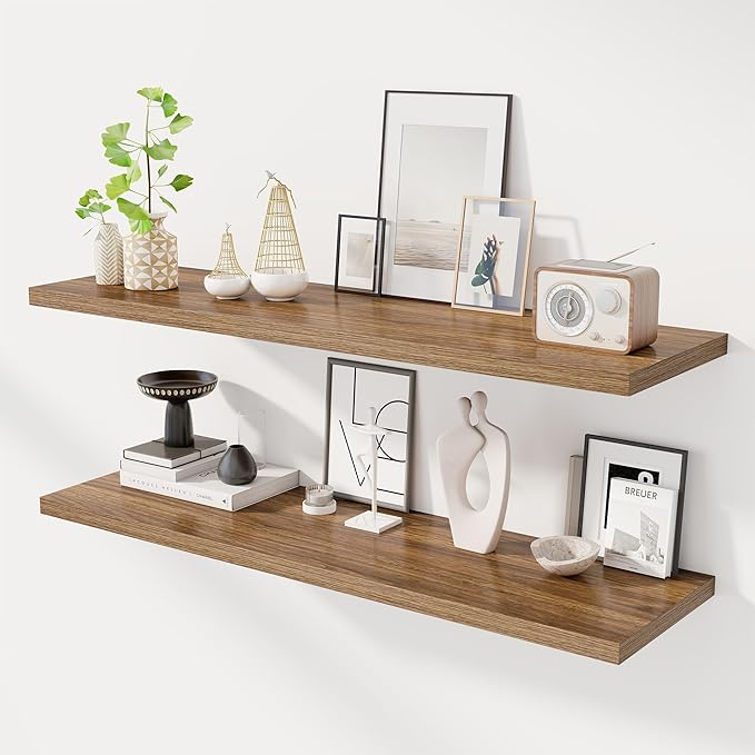 48" Floating Shelves for Wall, 12" Deep Slim Walnut Floating Shelves, Wall-Mounted Shelves for Bedroom, Living Room, Kitchen, Bathroom - Set of 2-Ruum Studio Home