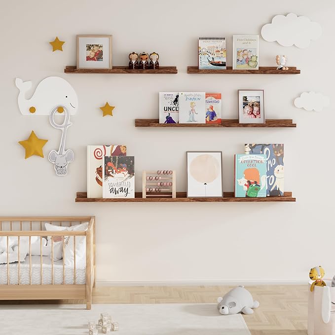 Picture Ledge Shelf for Wall, Floating Shelves Set of 4, 48 Inch Long Nursery Book Shelves for Toys Storage, Kids Bookshelf Wall Mounted for Books Photo Frames, Walnut-Ruum Studio Home