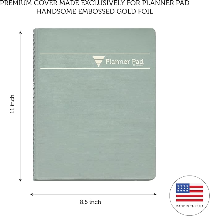 Planner Pad Spiral Bound 3-Tier Funnel Down 12 Month Organizer, July 2025 – June 2026 / Academic Year, Greenish Grey Cover/Soft Green Ink, 8 1/2" x 11"-Ruum Studio Home