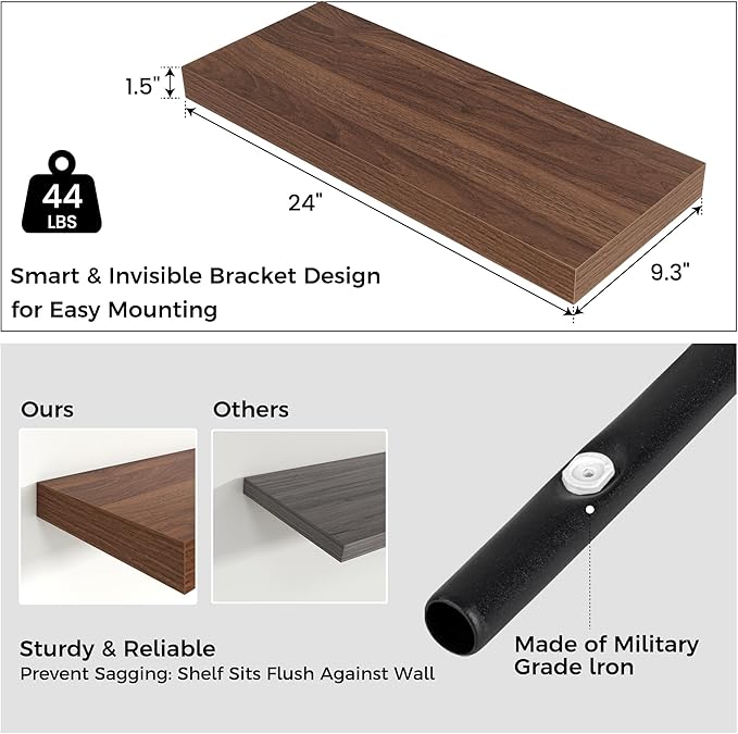 Floating Shelves - 2 Large Wall Mounted Shelves with Invisible Brackets, Long Wood Floating Wall Shelf for Living Room, Bedroom, Kitchen (Walnut, 24" W x 9" D x 1.5" H)-Ruum Studio Home