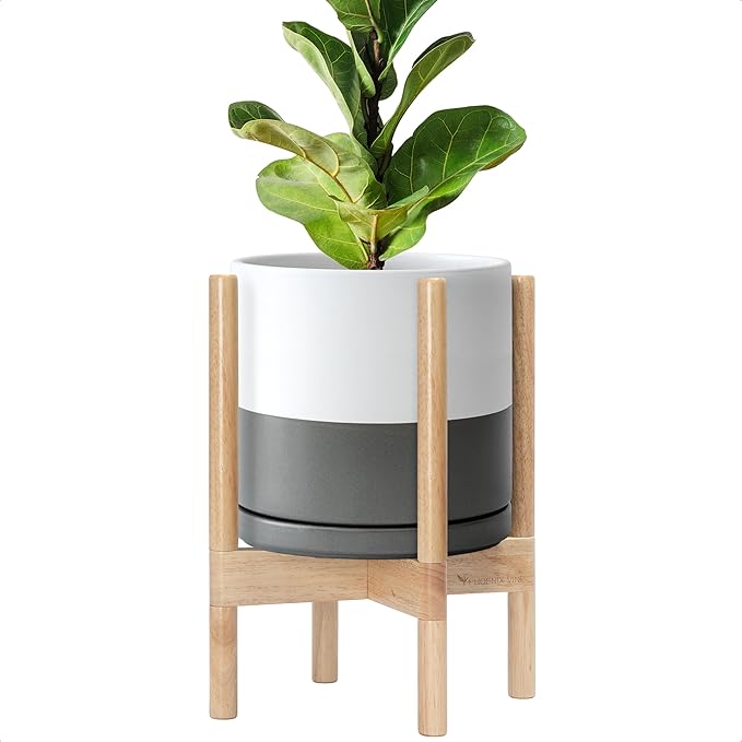 D'vine Dev Ceramic Planter with Natural Stand - 10 Inch Modern Round Flower Pot with Wood Planter Holder, White/Grey, 55-B-K-6-Ruum Studio Home