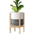 D'vine Dev Ceramic Planter with Natural Stand - 10 Inch Modern Round Flower Pot with Wood Planter Holder, White/Grey, 55-B-K-6-Ruum Studio Home