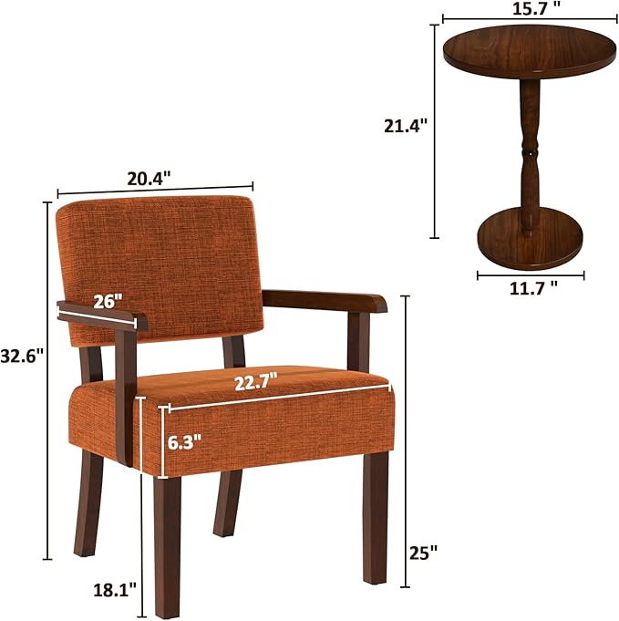 Accent Chair Set of 2 with Table, Living Room Chairs with Soft Seat and Armrests for Living Room Bedroom Reading Room Waiting Room (Orange), Linen, AC01-Ruum Studio Home