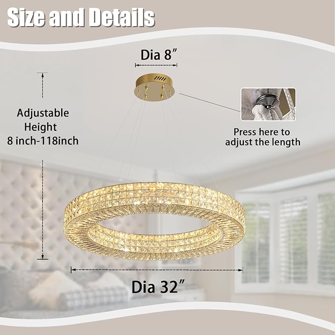 Dia 32" Ring Crystal Chandelier Modern Gold Chandelier Adjustable Height Luxury Crystal Pendant Ceiling Light Fixture for Dining Living Room Bedroom-Ruum Studio Home