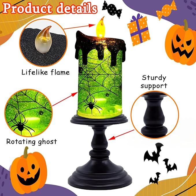 1.Halloween Snow Globe Tornado Flameless Candles Table Centerpiece for Celebration Party,Battery Operated LED Candle with 6 Hours Timer for Home Indoor Halloween Decoration (Spider)-Ruum Studio Home