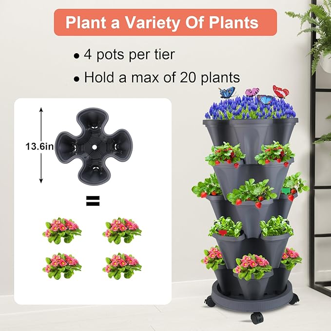 Vertical Planter, 5 Tier Stackable Strawberry Planter with Garden Tool Set, Movable Indoor/Outdoor Garden Herb Pot for Growing Vegetables and Succulents, Dark Gray-Ruum Studio Home