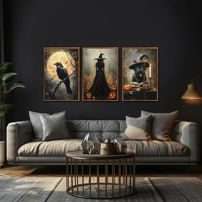 KAIRNE Framed Halloween Canvas Wall Art,Dark Witch Crow Prints,Black Cat Painting,Horror Gothic Pictures Set of 3 (16”X24”),Scary Halloween Wall Decor for Party Living Room Bedroom Office Decoration-Ruum Studio Home