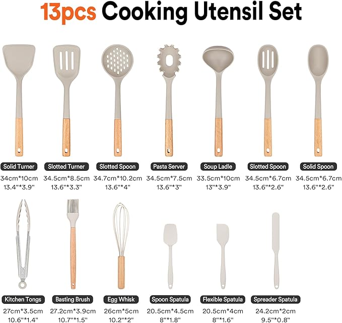 Kitchen Utensils Set, 13PCS Silicone Cooking Utensils, Heat Resistant Kitchen Utensil Spatula Set for Nonstick Cookware, Wooden Handles Kitchen Gadgets Tools Set-Ruum Studio Home