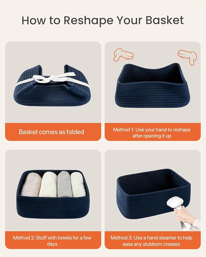 KALLAX Small Woven Basket, 12 x 8 x 4.5 Inches, Storage Basket for Organizing, Cute Small Rope Shelf Closet Cube Storage Bins Baskets for Shelves, Dog Toy Gift Baskets Empty, 3 Packs, Navy Blue-Ruum Studio Home