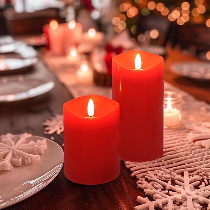 Red Flameless Candles with Remote, Flickering Battery Operated Candles with Timer, Real Wax LED Pillar Fake Candles for Christmas Party Home Decor, Set of 3-Ruum Studio Home