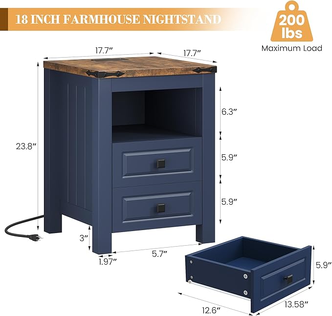 Apicizon Side Table, Farmhouse End Table with Charging Station and Storage Cabinet, 17'' Bedside Table with Drawers, Rustic Small Coffee Table for Living Room, Bedroom-Ruum Studio Home