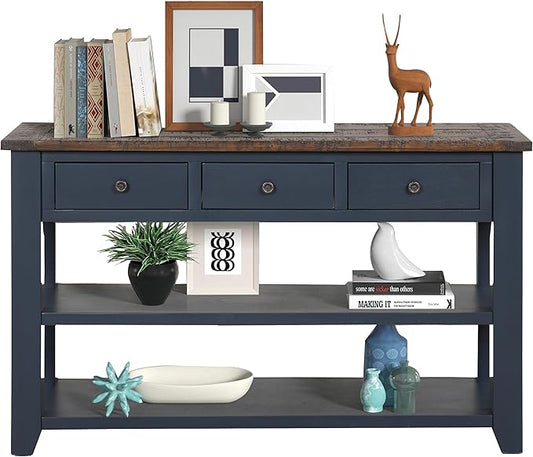 Solid Wood Console Table Sofa Table with Storage Drawers and Bottom Shelf Entryway Table for Entry Hallway Foyer Sofa Couch Table Fully Assembled (48.8" Blue)-Ruum Studio Home