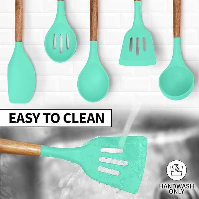 Zulay Kitchen Non-Stick Cooking Utensils Set with Authentic Acacia Wood Handles – 5-Piece Durable & Stylish Silicone Kitchen Utensils Set – Heat Resistant to 464°F – Mint-Ruum Studio Home