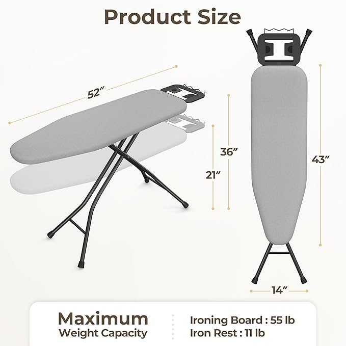 Yaheetech Foldable Ironing Board, Heavy Duty Iron Board with 9 Adjustable Heights, 4 Layer Cover and Safety Iron Rest, 52X14 Compact and Space Save Iron Board for Home Laundry Room Use, Gray-Ruum Studio Home