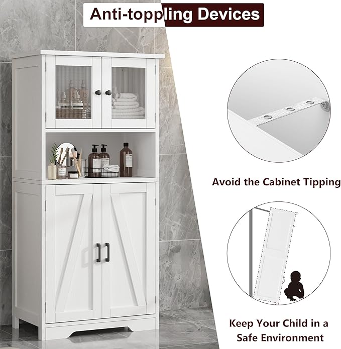 GarveeHome 54in Tall Bathroom Cabinet, Farmhouse Storage Cabinet with Glass Doors and Adjustable Shelves, Freestanding Kitchen Pantry Cabinets, Cupboard for Living Room, Dining Room, White-Ruum Studio Home