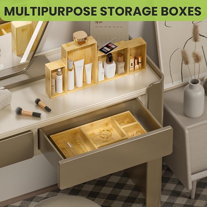 Bamboo Drawer Organizer Set, 5 PCS Multi-use Varied Sizes Junk Drawer Organizer Kitchen Storage Box for Office, Home, Bedroom, Bathroom, Bamboo-Ruum Studio Home