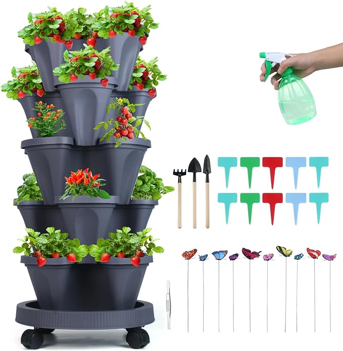 Vertical Planter, 5 Tier Stackable Strawberry Planter with Garden Tool Set, Movable Indoor/Outdoor Garden Herb Pot for Growing Vegetables and Succulents, Dark Gray-Ruum Studio Home