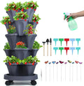 Vertical Planter, 5 Tier Stackable Strawberry Planter with Garden Tool Set, Movable Indoor/Outdoor Garden Herb Pot for Growing Vegetables and Succulents, Dark Gray-Ruum Studio Home