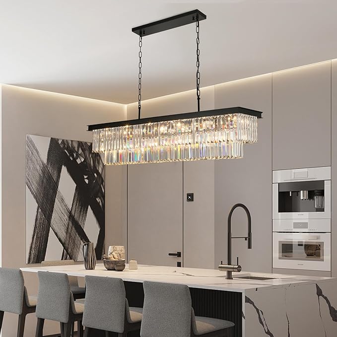Crystal Chandeliers for Dining Room Light Fixtures Over Table，18-Lights Black Modern Rectangle Chandeliers for Kitchen Island Bar L46 Inch-Ruum Studio Home