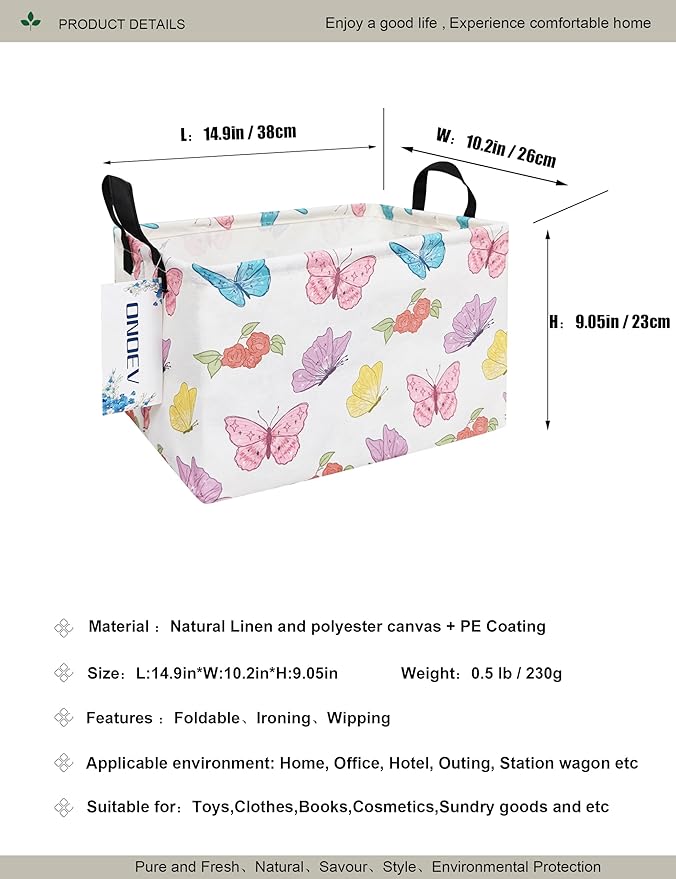 Rectangular Folding Laundry Basket,waterproof Canvas Basket,gift basket,Suitable for children's room,Office,Clothes,Toys Storage(Butterfly)-Ruum Studio Home