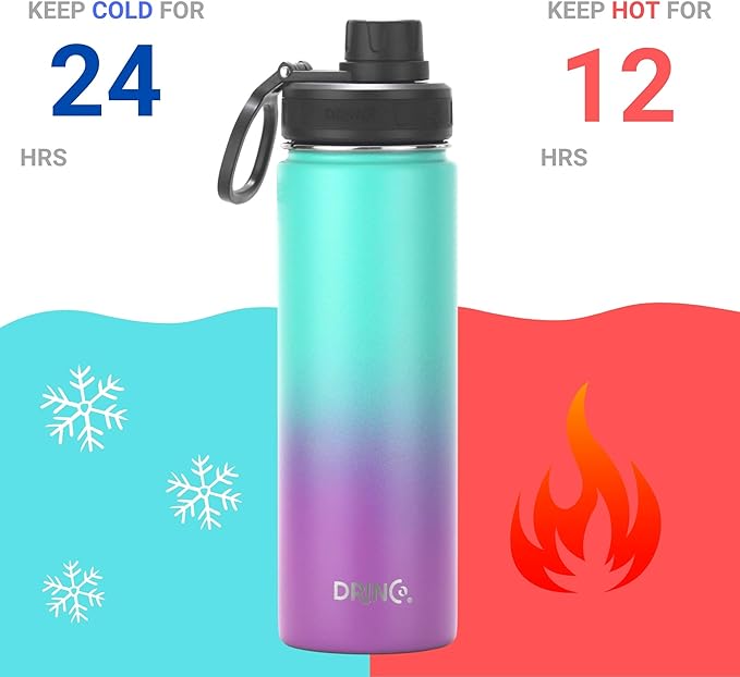 DRINCO Stainless Steel Water Bottle Spout Lid Vacuum Insulated Double Wall Water Bottle Wide Mouth (40oz 32oz 22oz 18oz 14oz) Leak Proof Keeps Cold or Hot (22 oz, 22oz Ombre Fuschia Teal)-Ruum Studio Home