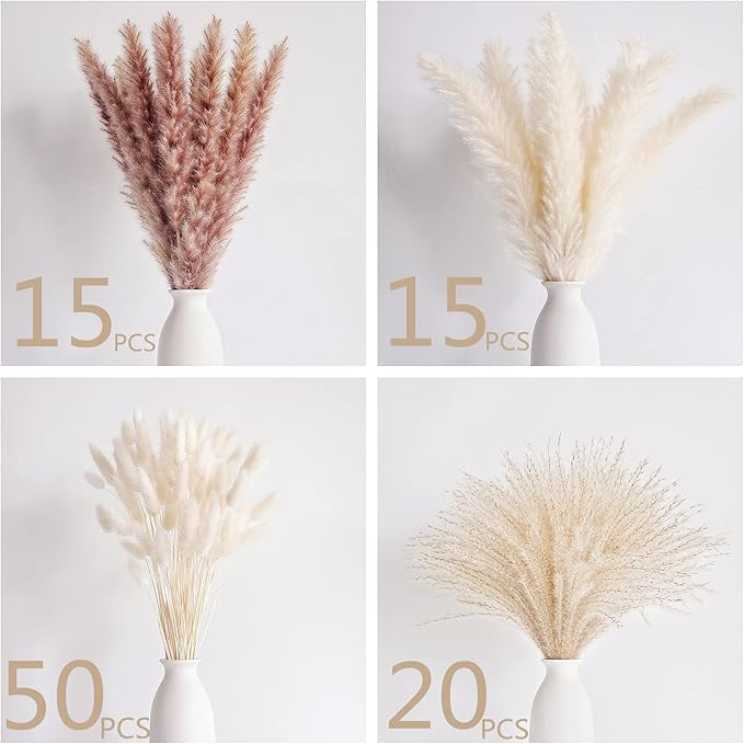 Natural Dried Pampas Grass Decor, 100 PCS Pampas Grass Contains White Bunny Tails Dried Flowers, Reed Grass Bouquet for Wedding Boho Flowers Home Table Decor, Rustic Farmhouse Party-Ruum Studio Home