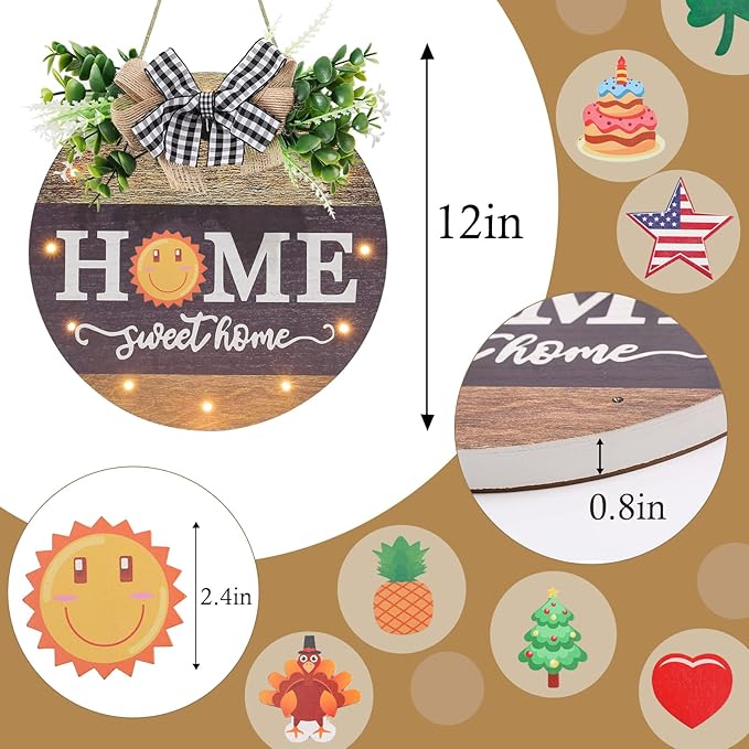 Interchangeable Seasonal Welcome Sign Front Door Decoration with 4 Seasonal Wreaths and LED Light, Rustic Round Wood Wreaths Wall Hanging Outdoor, Farmhouse Front Door Decoration Home Décor-Ruum Studio Home