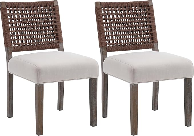 Kmax Farmhouse Dining Chairs Set of 2, Rustic Kitchen Chairs with Linen Fabric Seat and Woven Back, Vintage Accent Chairs for Dining Room, Living Room, Beige-Ruum Studio Home