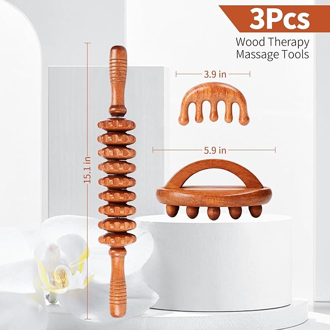 3-in-1 Wood Therapy Massage Tools Wooden Lymphatic Drainage Massager Maderoterapia Kit, Anti Cellulite Complete Body Sculpting Tools for Muscle Pain Relief, Body Contouring and Shaping-Ruum Studio Home