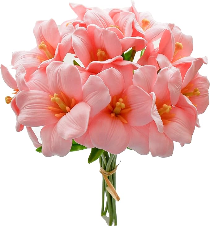Mandy's Artificial Tulips 12 Stems Pink Fully Bloomed PU Faux Flowers for Wedding Home Decor 13.5 Inch-Ruum Studio Home