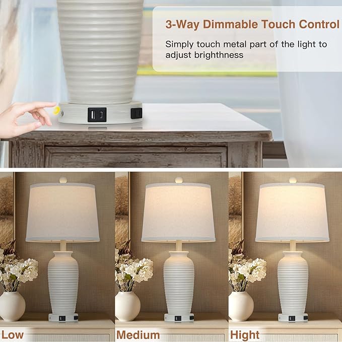 25" Farmhouse Jar Table Lamps Set of 2,Rustic Cream Pot Table Lamp for Bedroom, Living Room,3 Way Touch Control Rustic Bedside Lamps with USB A+C Ports & AC Outlet(LED Bulbs Included)-Ruum Studio Home