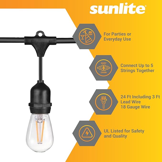 Sunlite 80571 24ft Outdoor String Lights, 1.5W Commercial Grade, Waterproof, Linkable Strands, UL Listed, 7 Hanging Sockets, Shatterproof LED Edison Bulbs Included, 2700K Warm White-Ruum Studio Home