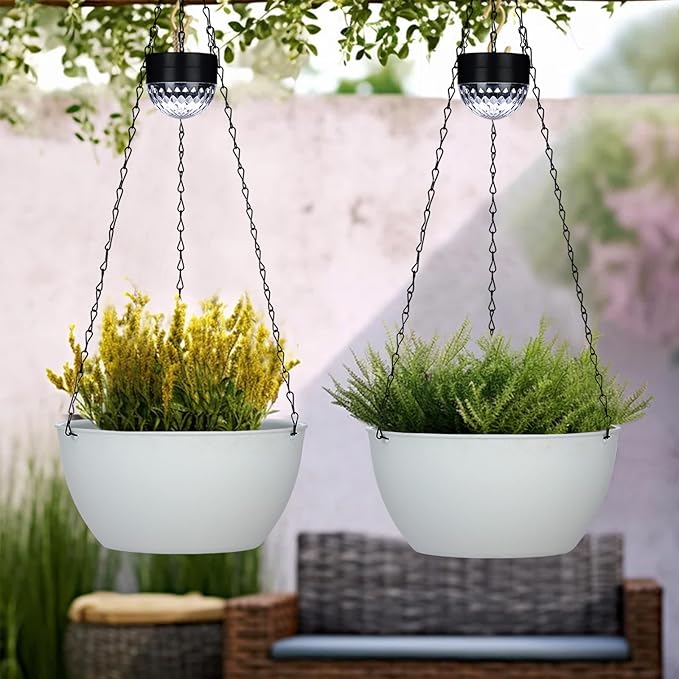 2 Packs Hanging Planters Basket for Outdoor Plants, Solar Powered Self Watering White Round Plastic Flower Pots with Drainer for Balcony Patio Garden Outdoor Decoration-Ruum Studio Home