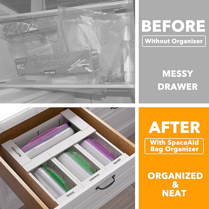 SpaceAid Bag Storage Organizer for Kitchen Drawer, Bamboo Organizer, Compatible with Gallon, Quart, Sandwich and Snack Variety Size Bag (4 Pack), White-Ruum Studio Home