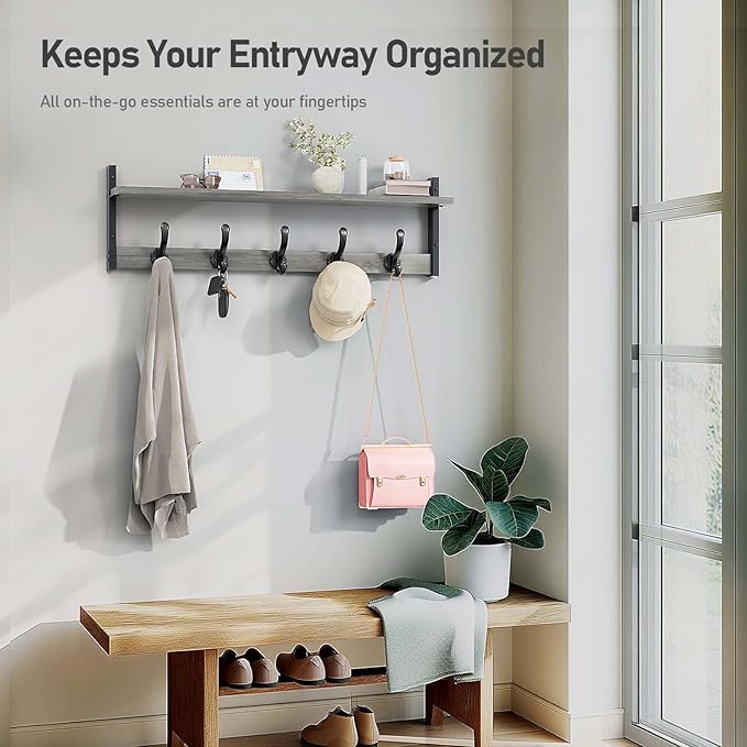 Tatub 29" Rustic Coat Rack Wall Mount with Shelf, Entryway Wall Hooks with Shelf and 5 Metal Hooks, Coat Hangers for Bathroom, Living Room, Bedroom, Kitchen, Grey-Ruum Studio Home