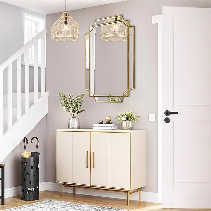 Gold Mirror for Wall, 36x24 Gold Wood Framed, Scalloped Beveled Polished Rectangle Mirror, Large Decorative Mirrors for Wall Decor, Irregular Mirror for Living Room, Bathroom Vanity, Entryway-Ruum Studio Home