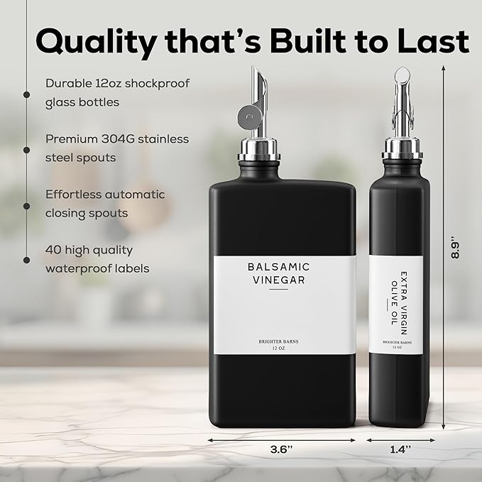 Black Glass Olive Oil Dispenser Bottle for Kitchen by Brighter Barns - Soy Sauce Dispenser, Coffee Syrup Bottle - Modern Kitchen Decor for Restaurant, Airbnb, Coffee Bar Accessories (Black, Set of 2)-Ruum Studio Home