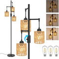 3-Light Boho Floor Lamp for Living Room, Rattan Wicker Standing Lamp Palm Tree Design, Farmhouse Coastal Floor Light with Woven Shade, Tall Bohemian Lamp-Ruum Studio Home