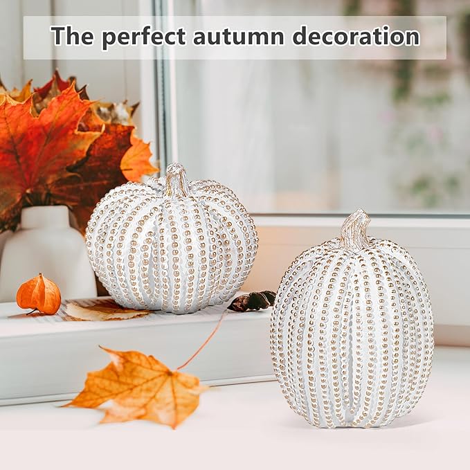 2Pcs Halloween Pumpkin Artificial Resin Pumpkins Decor for Mantel Harvest Autumn Tabletop Decoration Gold Fall Pumpkin Decorations Thanksgiving Table Centerpieces (Set A, ONE Size)-Ruum Studio Home