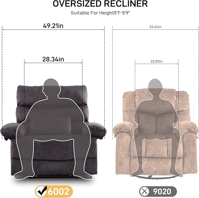 Oversized Recliner Chair Extra Wide Large Recliner for Adults 350lbs with Lumbar Support Pillow Nursery Chair Living Room (Manual, GREY-6002)-Ruum Studio Home
