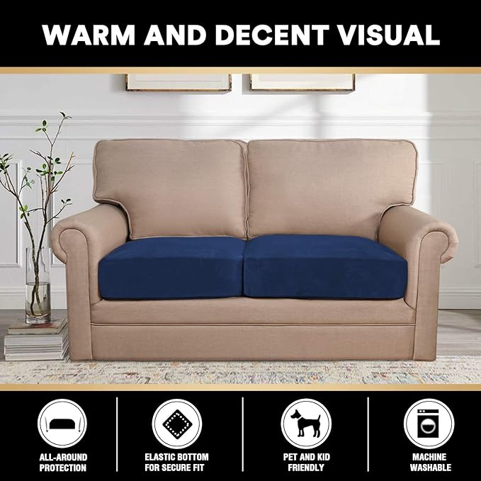 PrinceDeco Velvet Couch Cushion Cover Stretch Cushion Slipcover for Chair Loveseat Sofa Furniture Protector Seat Cushion Sofa Cover (Each Width Up to 29.5", Navy)-Ruum Studio Home