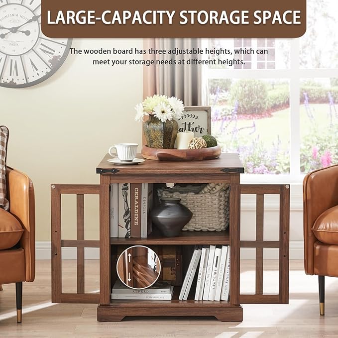 Farmhouse End Table with Charging Station,24" Large Sofa Side Table with Glass Barn Door, Rustic Wood Nightstand Bedside Table with Adjustable Storage Shelf for Living Room, Bedroom, Walnut-Ruum Studio Home