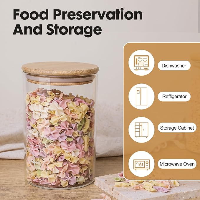 YUNCANG Glass Food Storage Jars 37oz [Set of 6],Clear Glass Food Storage Containers with Airtight Bamboo Lid Stackable Kitchen Canisters for Candy,Cookie,Rice,Sugar,Flour,Pasta-Ruum Studio Home