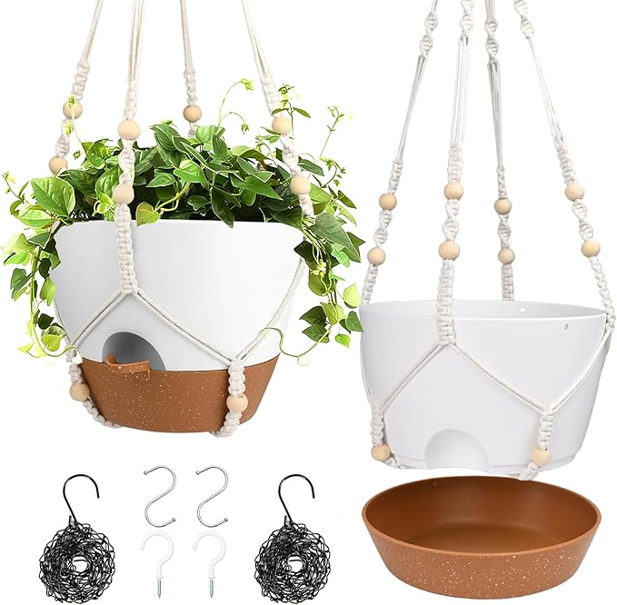 Hanging Planters for Indoor Outdoor Plants, 2 Pack Self Watering Hanging Pot with Drainage Holes, Removable Tray & 2 Kinds of Plant Hangers, 10'' Hanging Flower Pots for Home Garden Decor, White-Ruum Studio Home