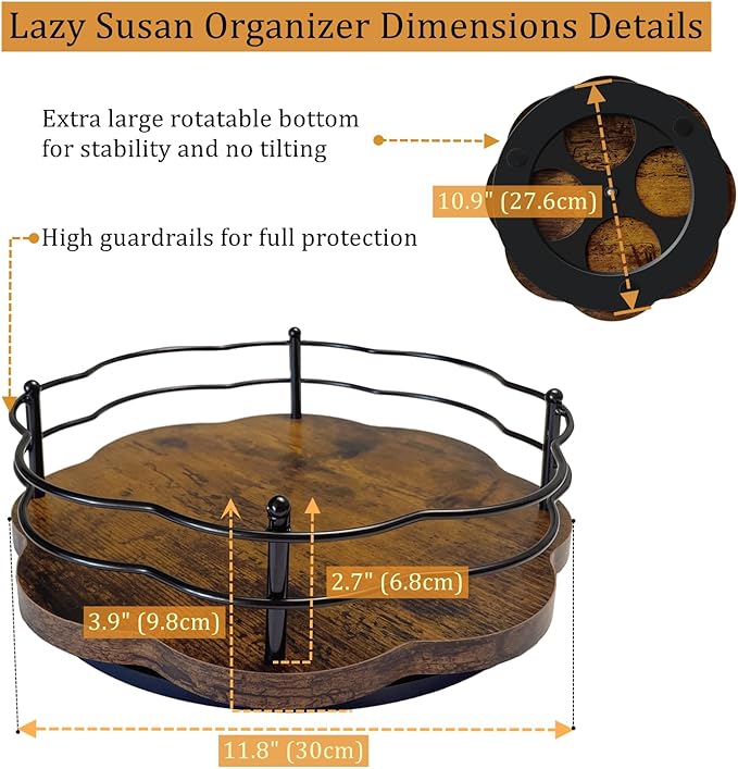 12" Lazy Susan Turntable Organizer with Higher Metal Sides, Wooden Lazy Susan Spice Rack Organization and Storage for Cabinet,Kitchen,Countertop,Table Top,Dining Table,Coffee Bar Decor-Ruum Studio Home