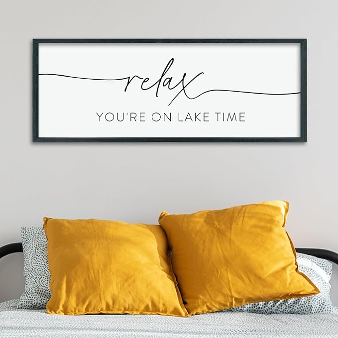 Relax You're On Lake Time Sign Wall Decor 40"×15" Lake House Bedroom Large Wood Framed Hanging Wall Art (Black)-Ruum Studio Home