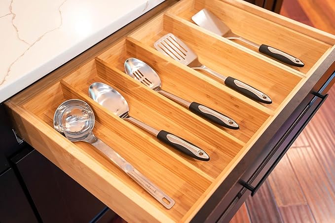 Umilife Bamboo Kitchen Utensils Organizer, 13 Inch Drawer Dividers for Silverware, Extra Deep Holder, with Non-Slip Feet, Wood Caddy for Flatware Cutlery-Ruum Studio Home